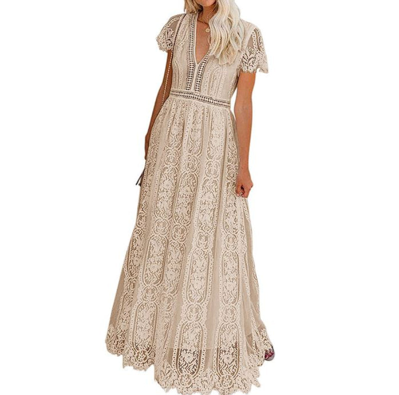 Women Elegant Royal Lace Maxi Dress with V-Neckline | Keana