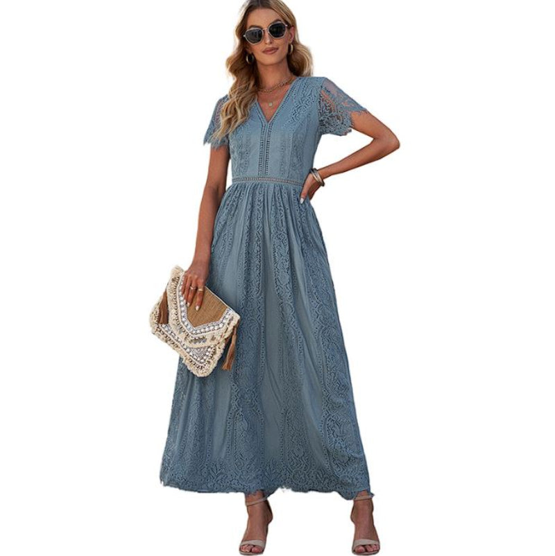 Women Elegant Royal Lace Maxi Dress with V-Neckline | Keana