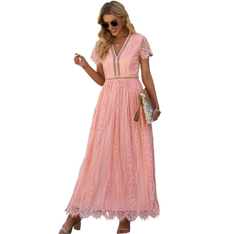 Women Elegant Royal Lace Maxi Dress with V-Neckline | Keana