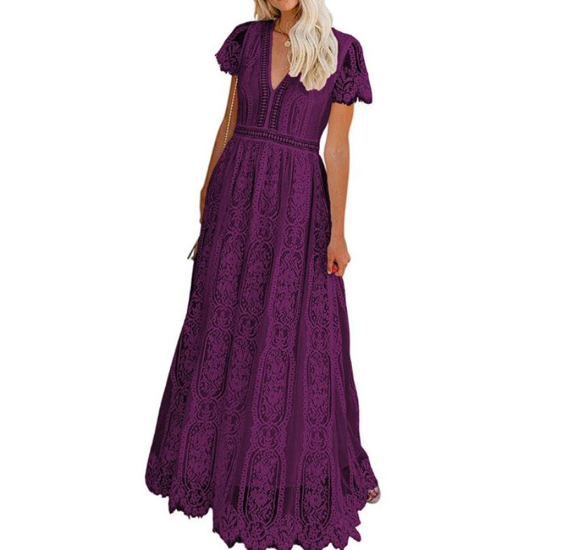 Women Elegant Royal Lace Maxi Dress with V-Neckline | Keana