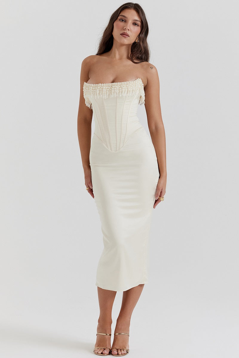Women Pearl Embellished Corset Midi Dress | Dorothea