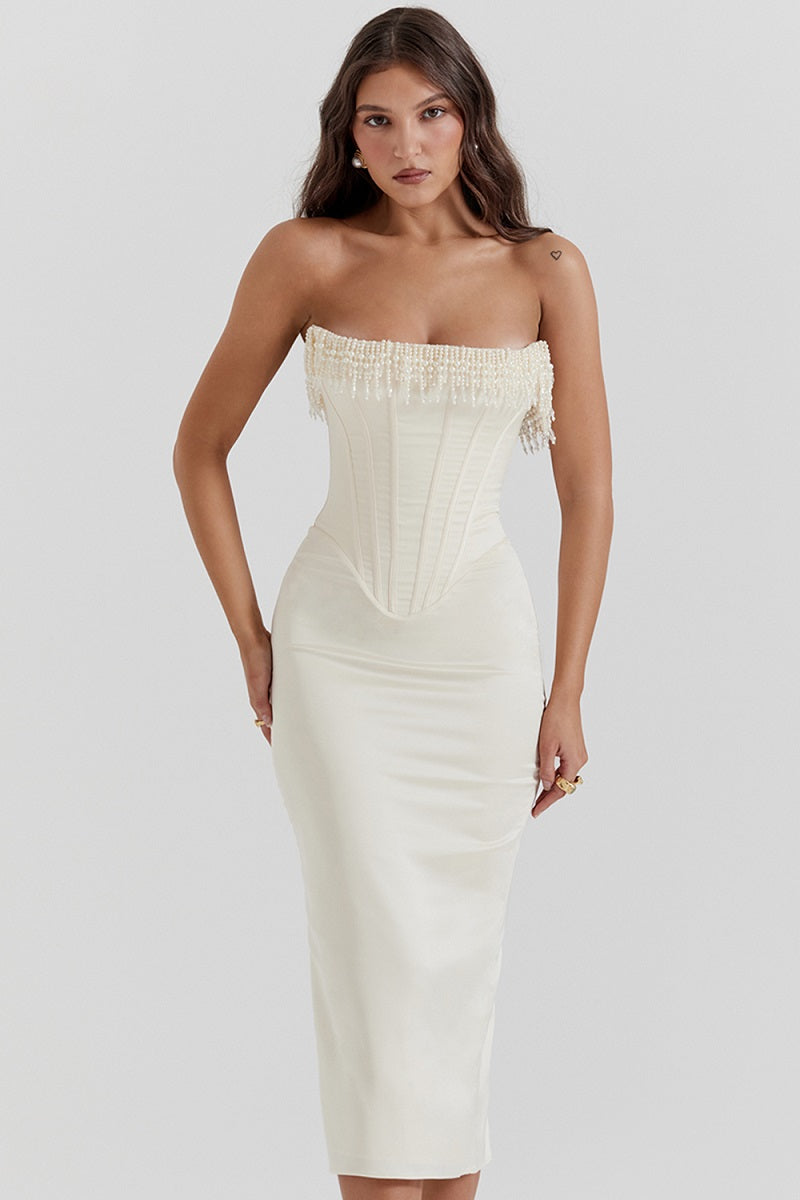 Women Pearl Embellished Corset Midi Dress | Dorothea