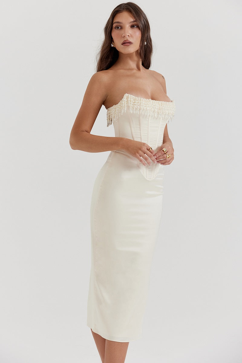 Women Pearl Embellished Corset Midi Dress | Dorothea