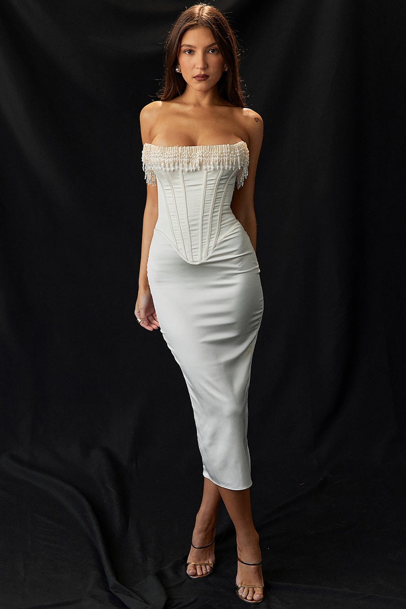 Women Pearl Embellished Corset Midi Dress | Dorothea