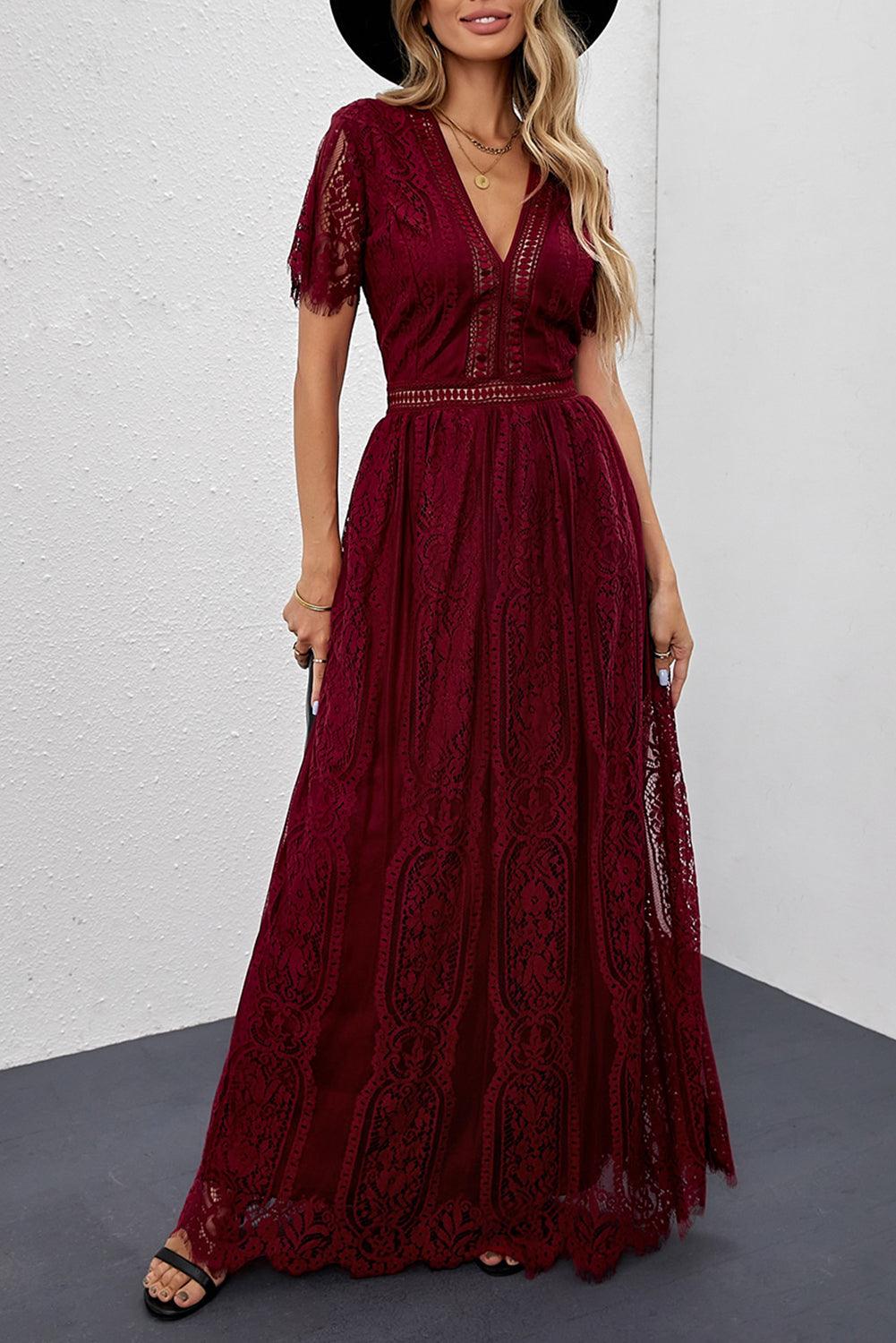Women Elegant Royal Lace Maxi Dress with V-Neckline | Keana