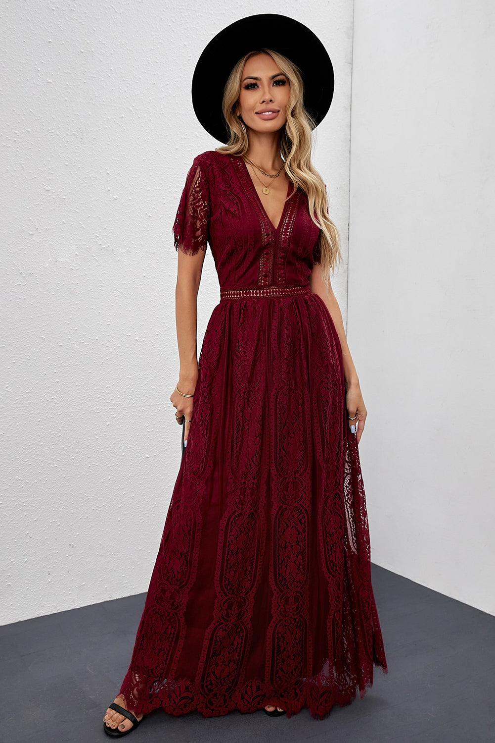 Women Elegant Royal Lace Maxi Dress with V-Neckline | Keana