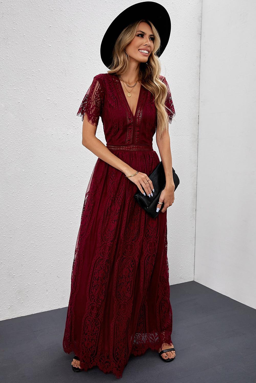 Women Elegant Royal Lace Maxi Dress with V-Neckline | Keana