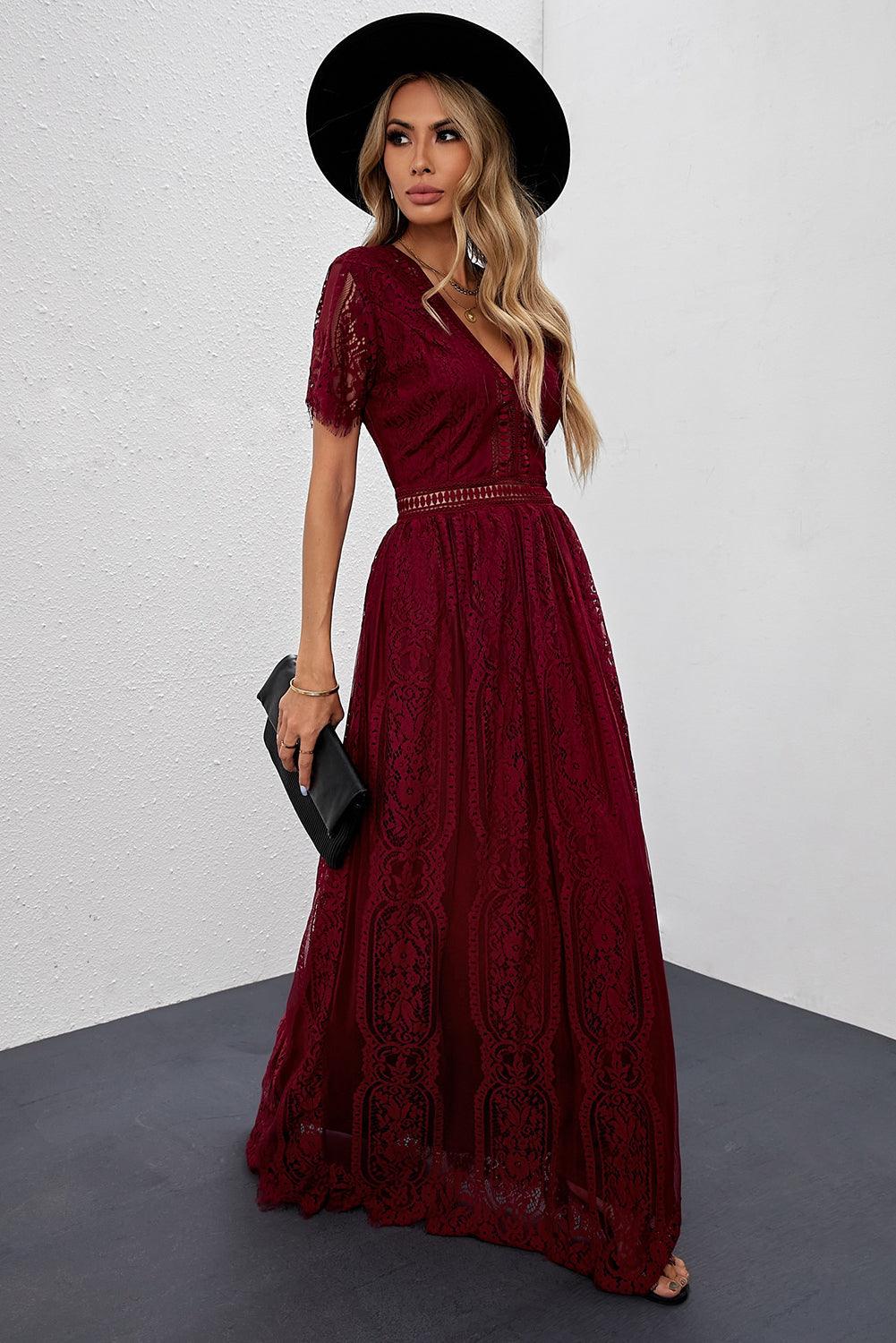 Women Elegant Royal Lace Maxi Dress with V-Neckline | Keana