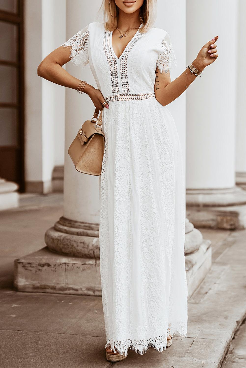 Women Elegant Royal Lace Maxi Dress with V-Neckline | Keana
