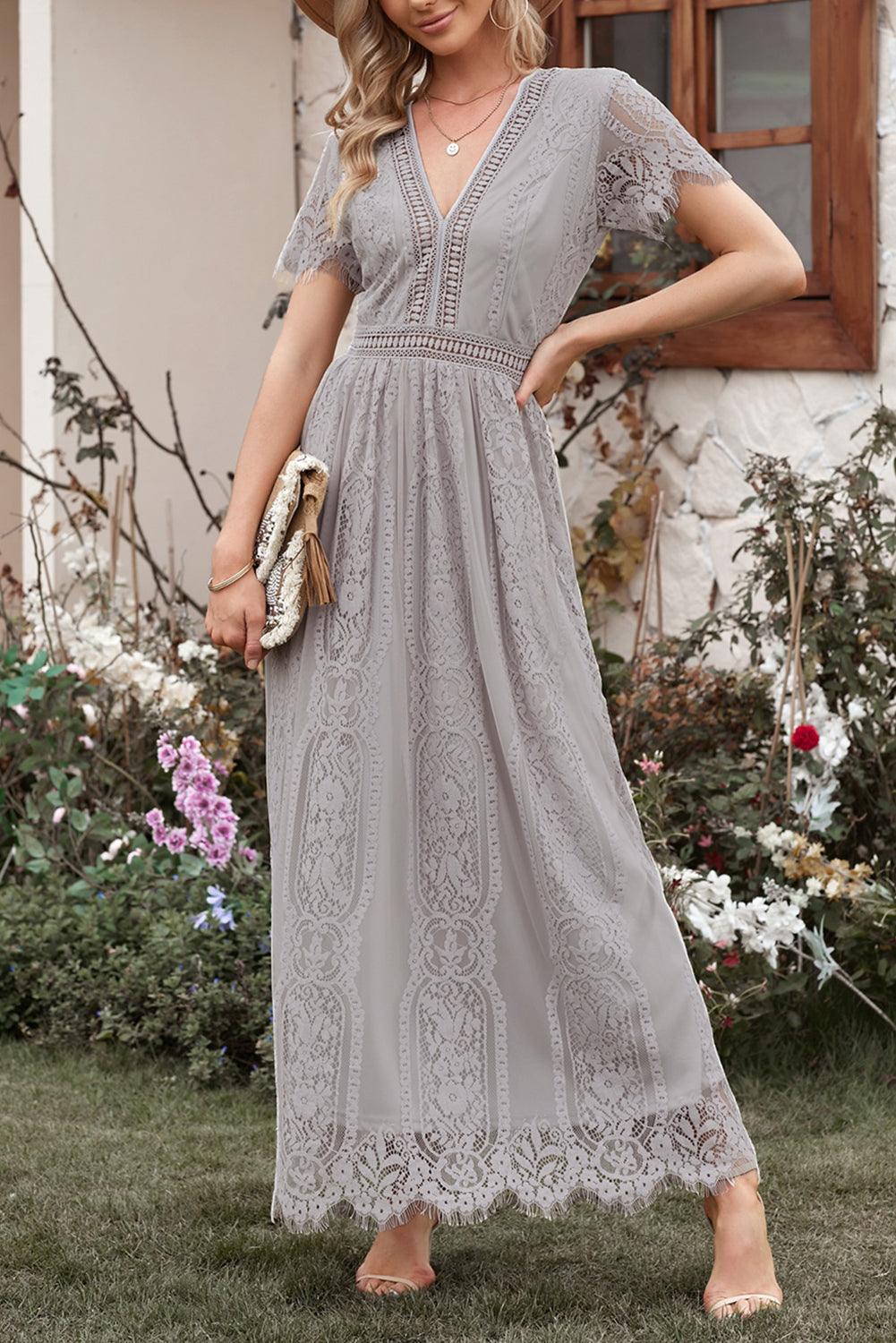 Women Elegant Royal Lace Maxi Dress with V-Neckline | Keana