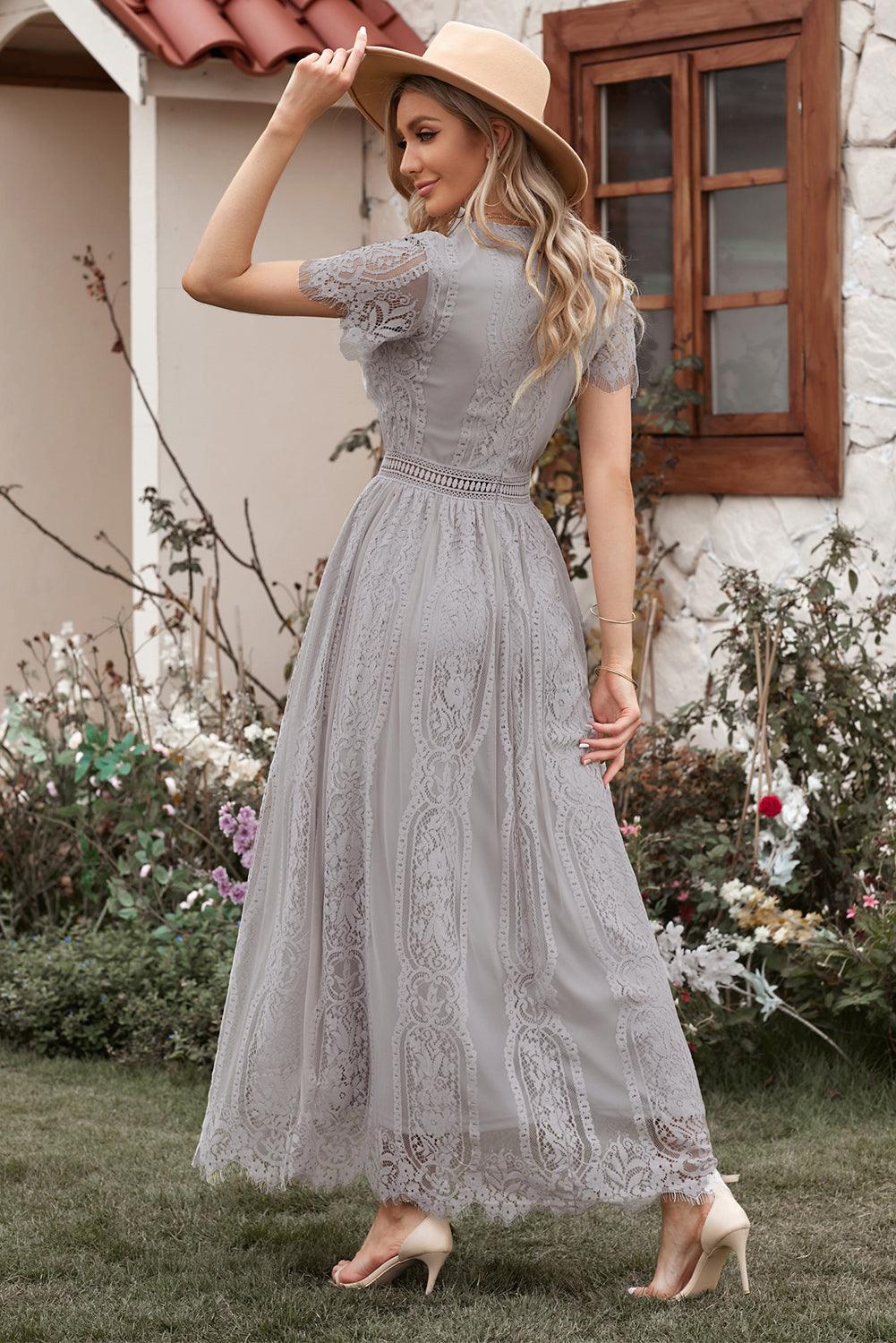 Women Elegant Royal Lace Maxi Dress with V-Neckline | Keana