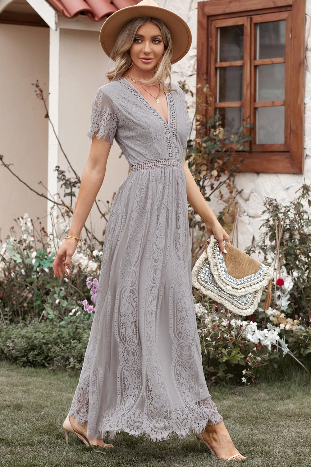 Women Elegant Royal Lace Maxi Dress with V-Neckline | Keana