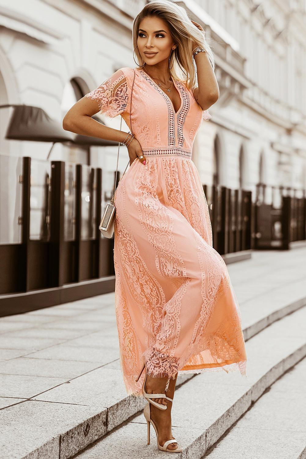 Women Elegant Royal Lace Maxi Dress with V-Neckline | Keana