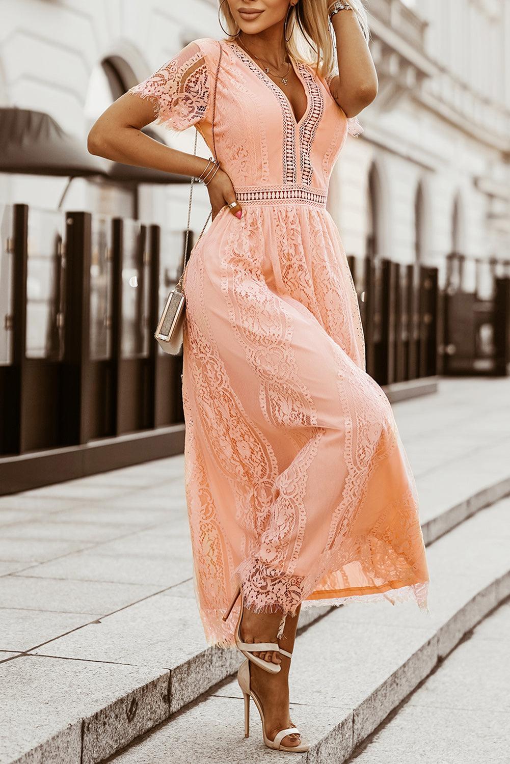 Women Elegant Royal Lace Maxi Dress with V-Neckline | Keana