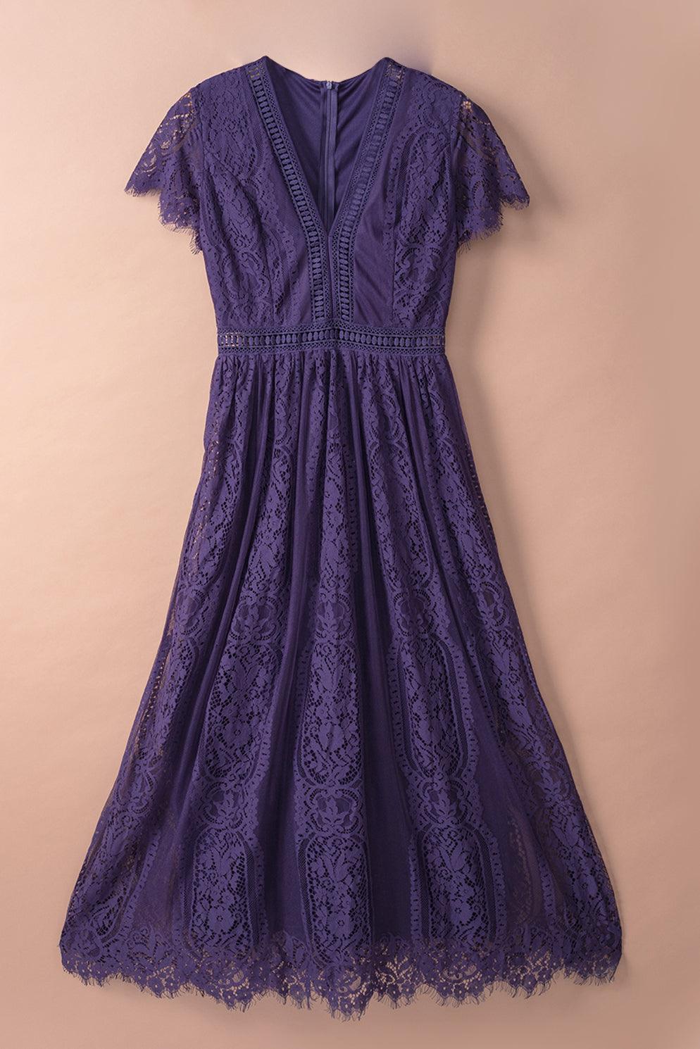 Women Elegant Royal Lace Maxi Dress with V-Neckline | Keana