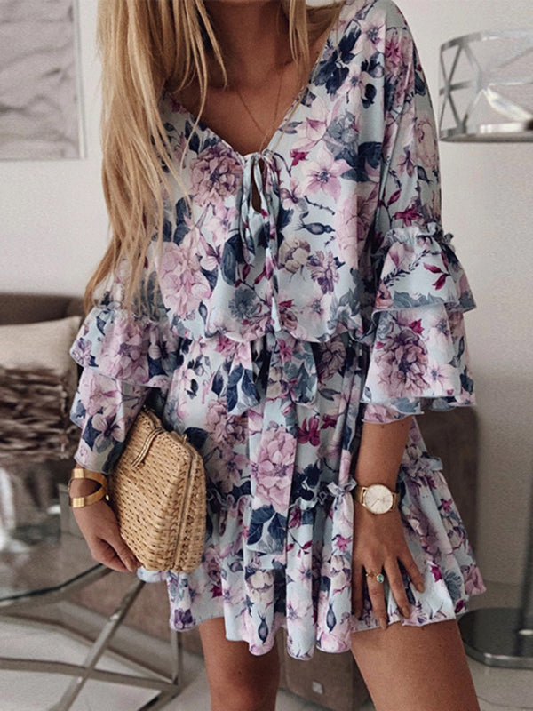 Women Floral Print Chiffon Dress with V-Neck and Ruffle Sleeves | Cherry