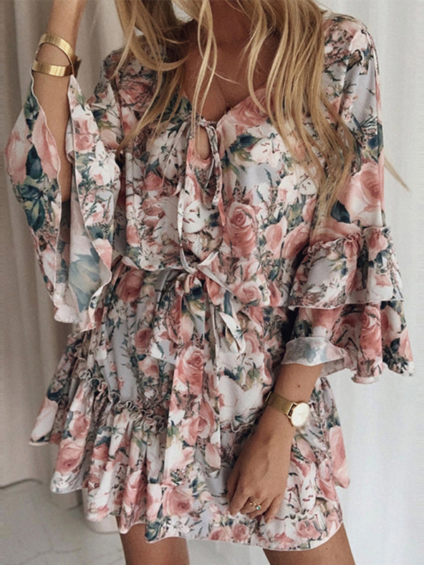Women Floral Print Chiffon Dress with V-Neck and Ruffle Sleeves | Cherry