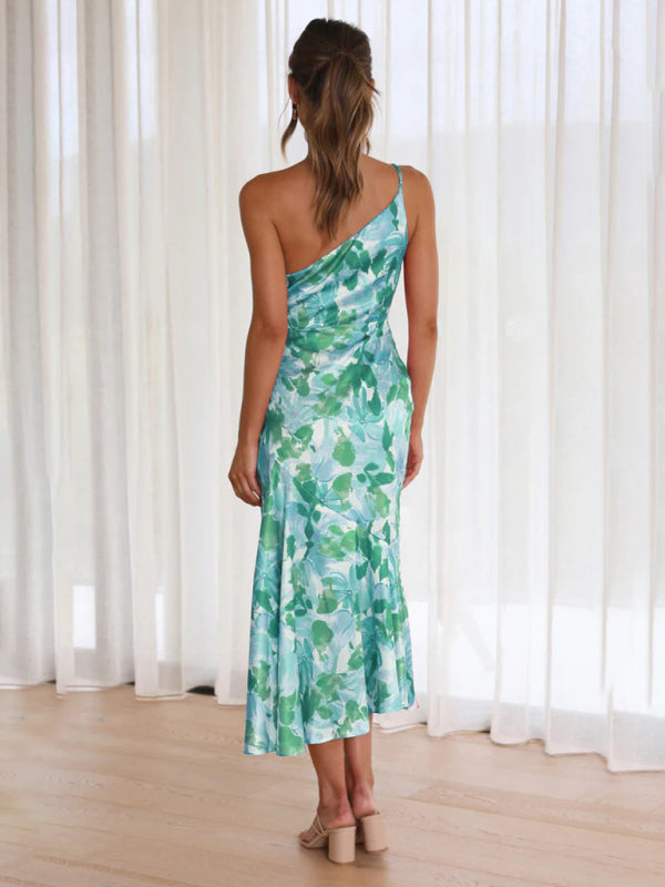 Women Asymmetrical Neckline Floral Print Midi Dress with Fishtail Hem | Alliah