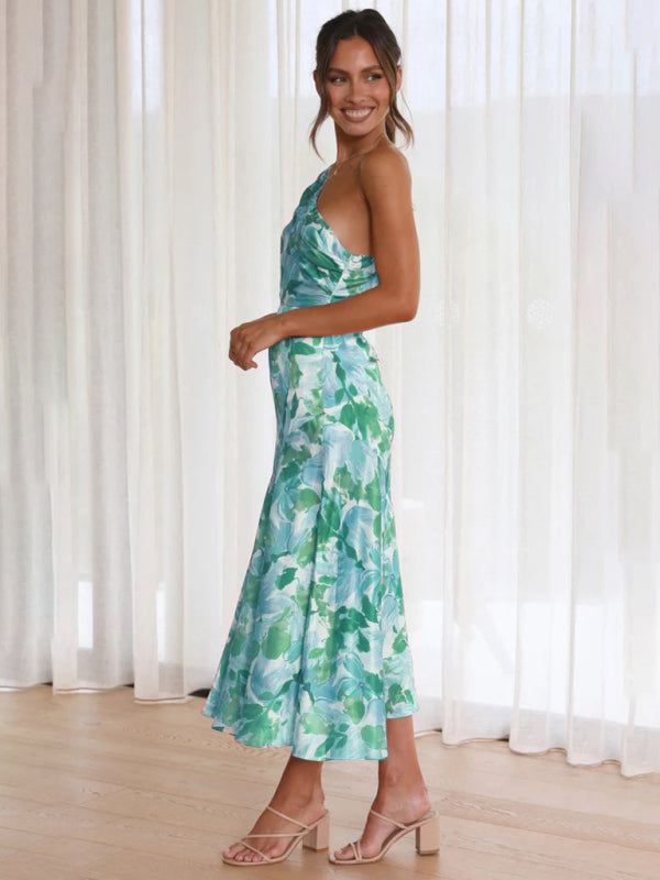 Women Asymmetrical Neckline Floral Print Midi Dress with Fishtail Hem | Alliah