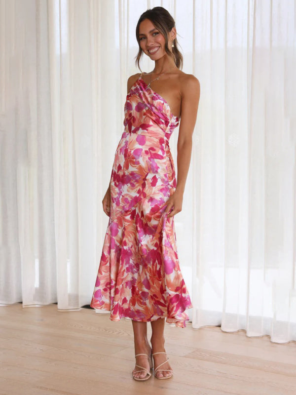 Women Asymmetrical Neckline Floral Print Midi Dress with Fishtail Hem | Alliah