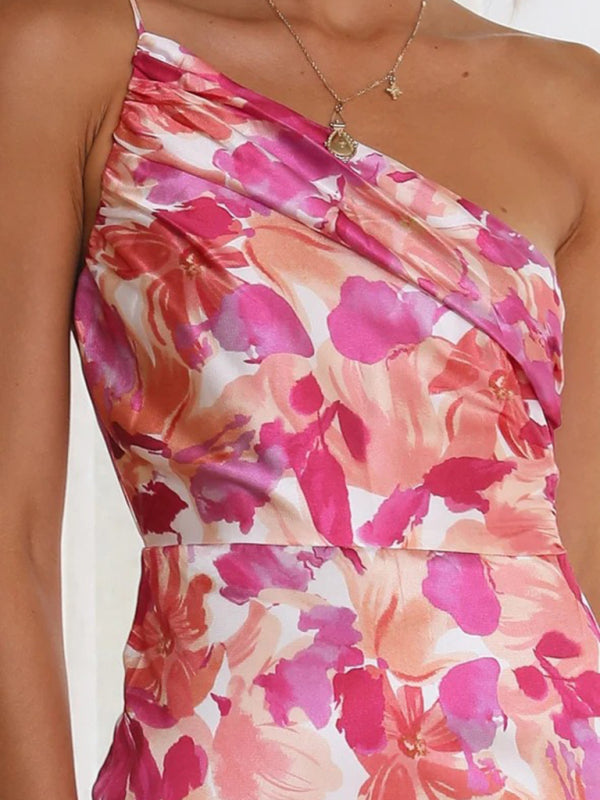 Women Asymmetrical Neckline Floral Print Midi Dress with Fishtail Hem | Alliah