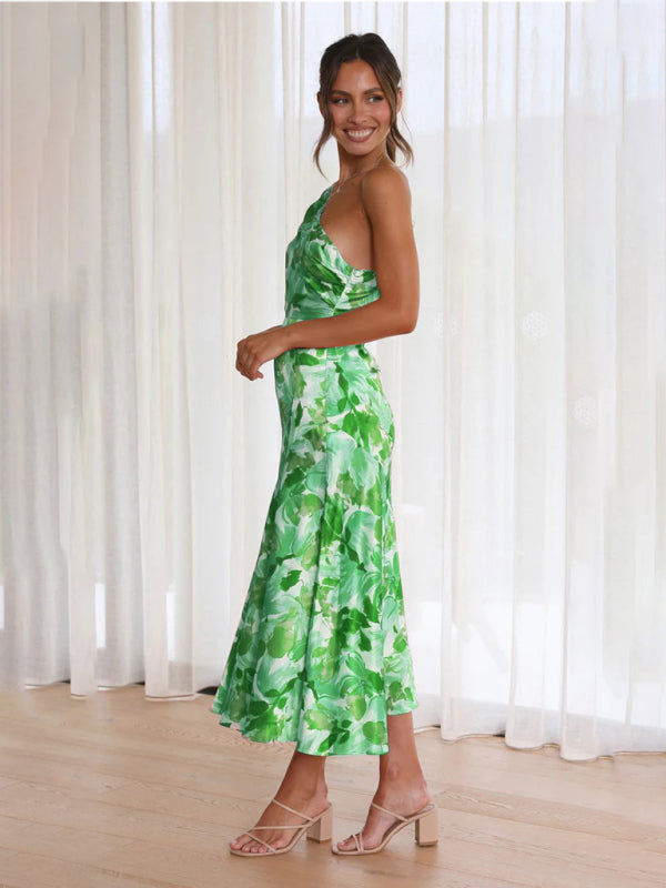 Women Asymmetrical Neckline Floral Print Midi Dress with Fishtail Hem | Alliah