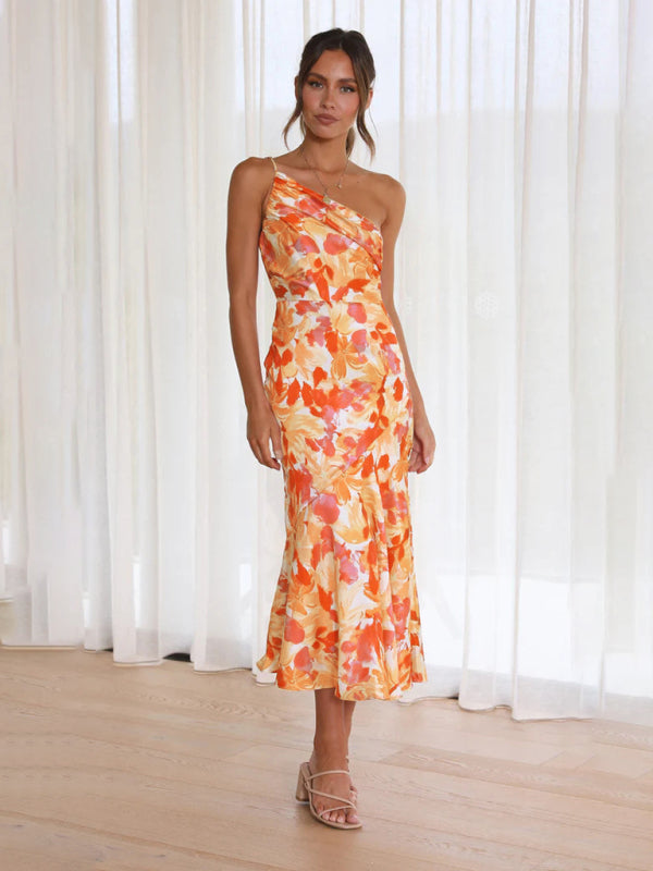 Women Asymmetrical Neckline Floral Print Midi Dress with Fishtail Hem | Alliah