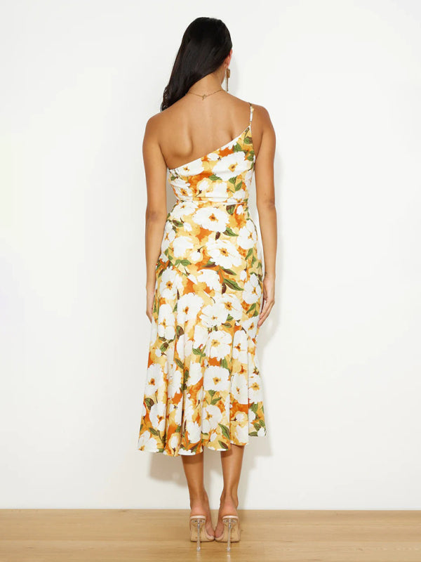 Women Asymmetrical Neckline Floral Print Midi Dress with Fishtail Hem | Alliah