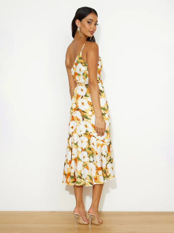 Women Asymmetrical Neckline Floral Print Midi Dress with Fishtail Hem | Alliah