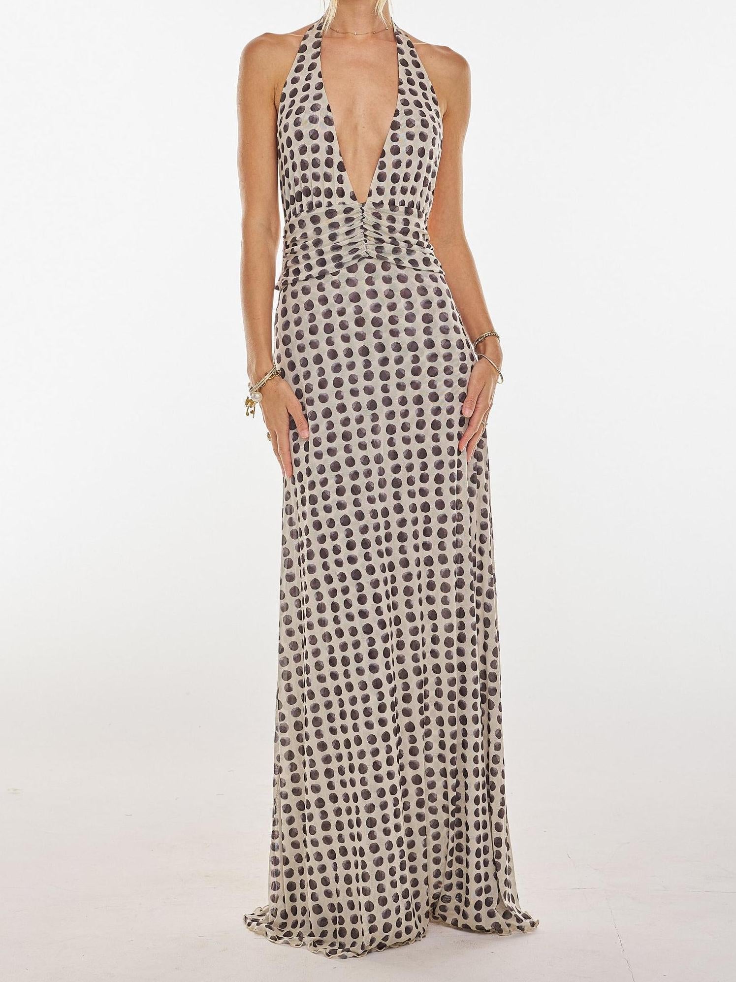 Women Polka Dot Deep V-Neck Maxi Dress | Adalira