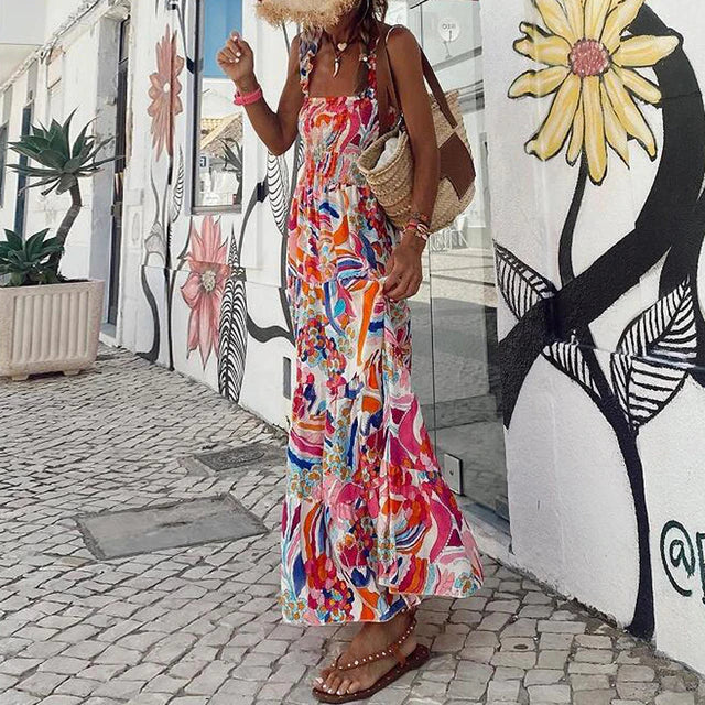 Women Floral Print Halter Maxi Dress with Smocked Waist | Lesley