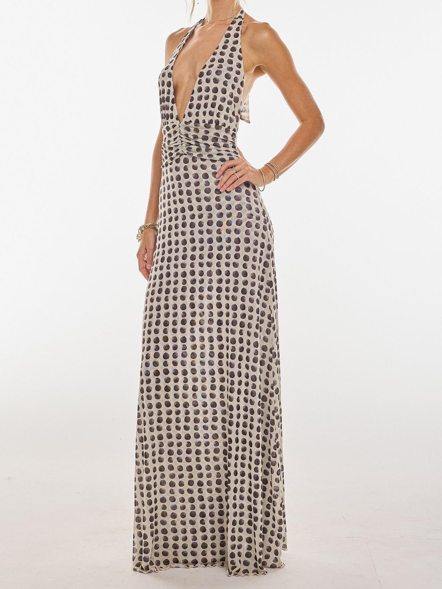 Women Polka Dot Deep V-Neck Maxi Dress | Adalira