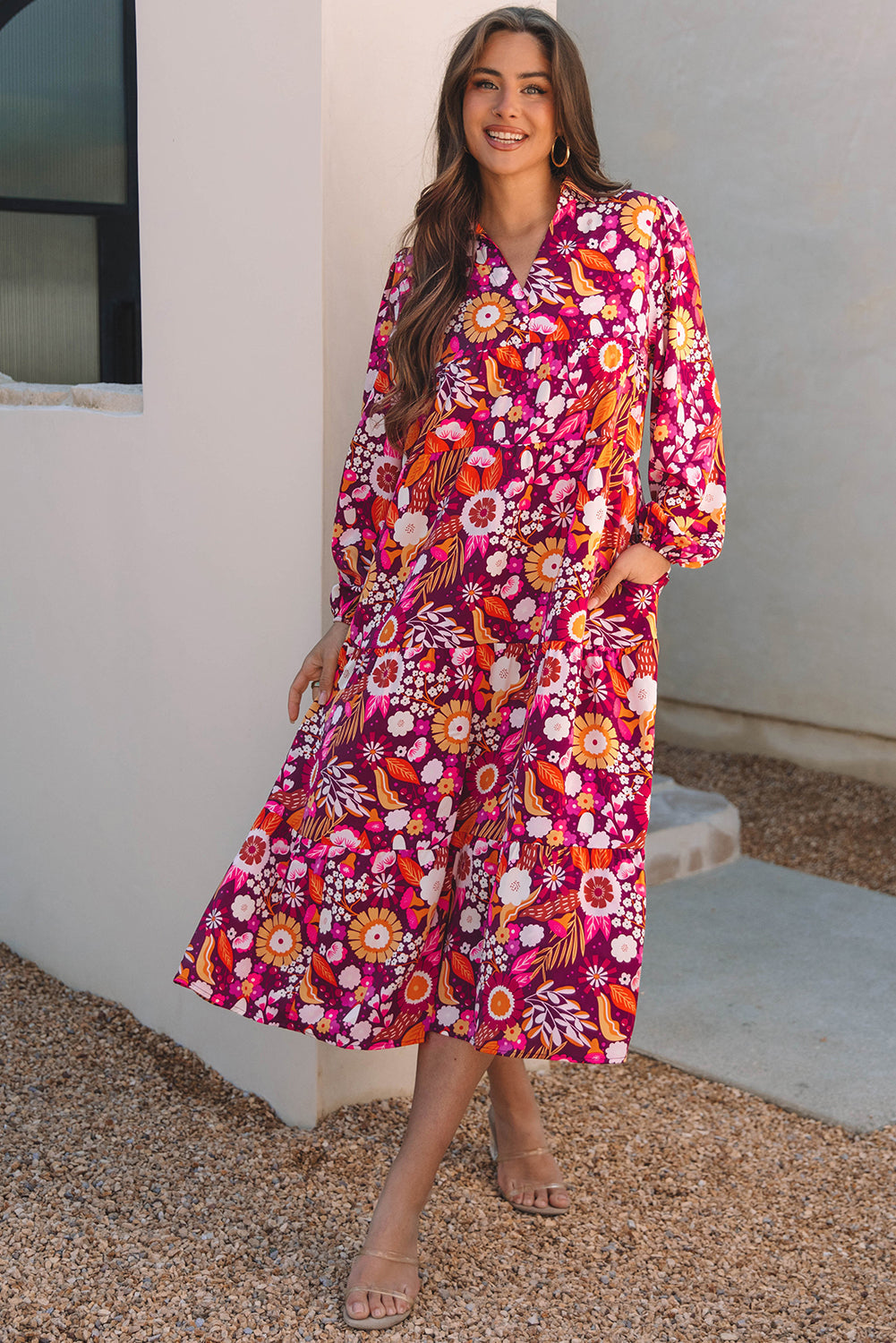 Women Collared Tiered Long Dress | Anneliese