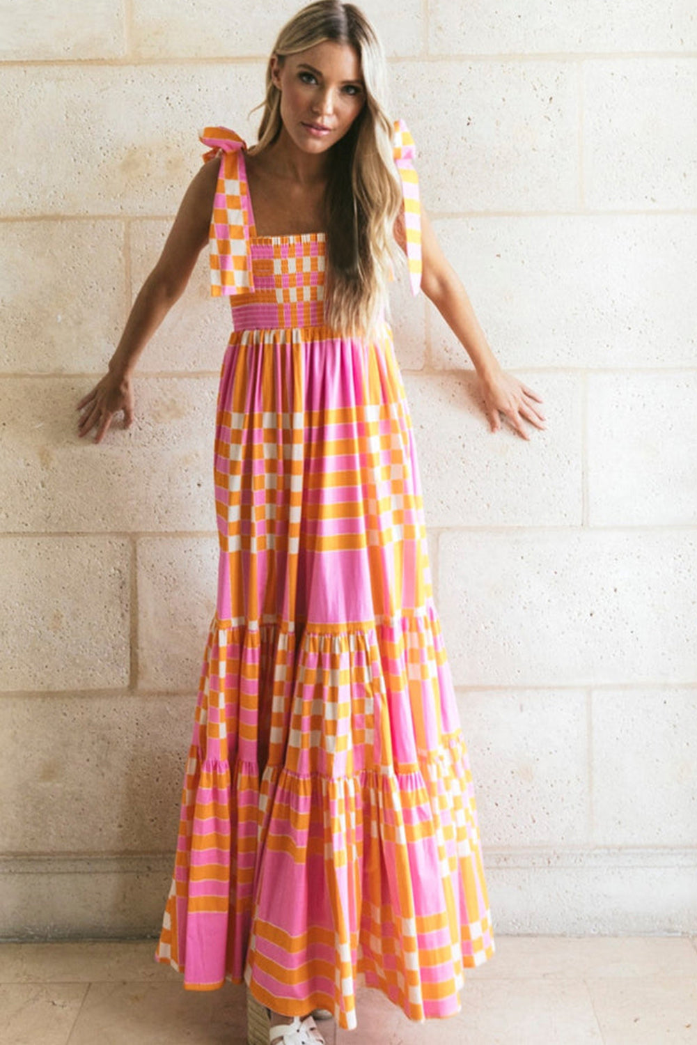 Women Boho Gingham Smocked Maxi Dress with Tied Straps | Amelia