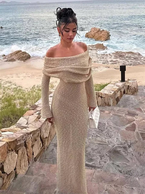 Women Off-Shoulder Glitter Maxi Dress | Jorja