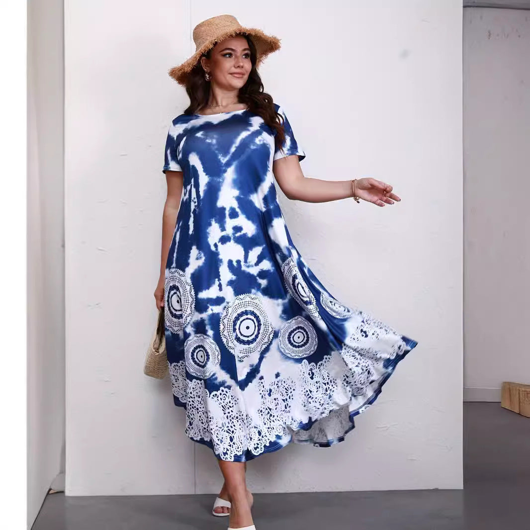 Women Boho Tie-Dye Lace Hem Maxi Dress | Malina