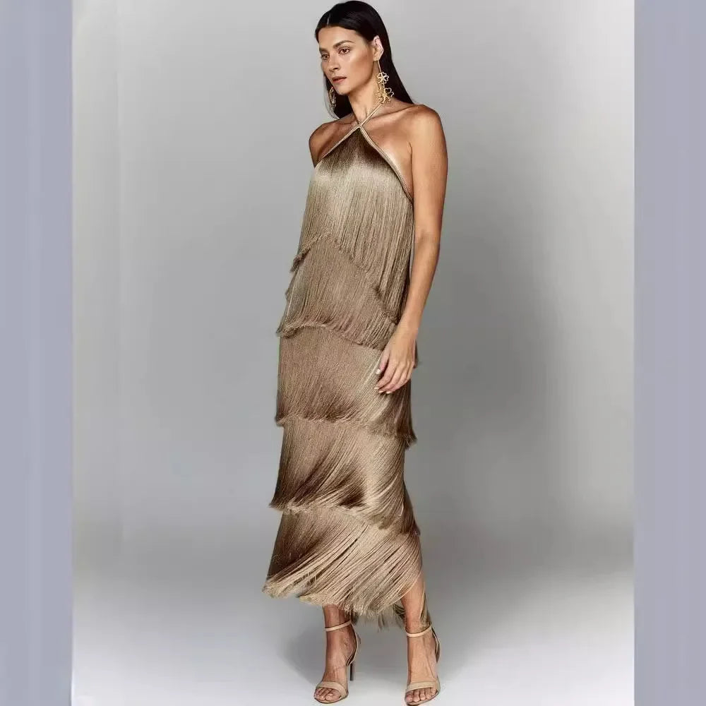 Women Glitter Fringe Halter Maxi Dress | Viviana