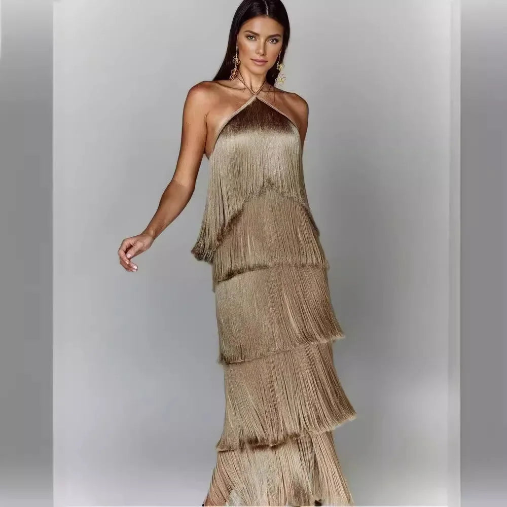 Women Glitter Fringe Halter Maxi Dress | Viviana