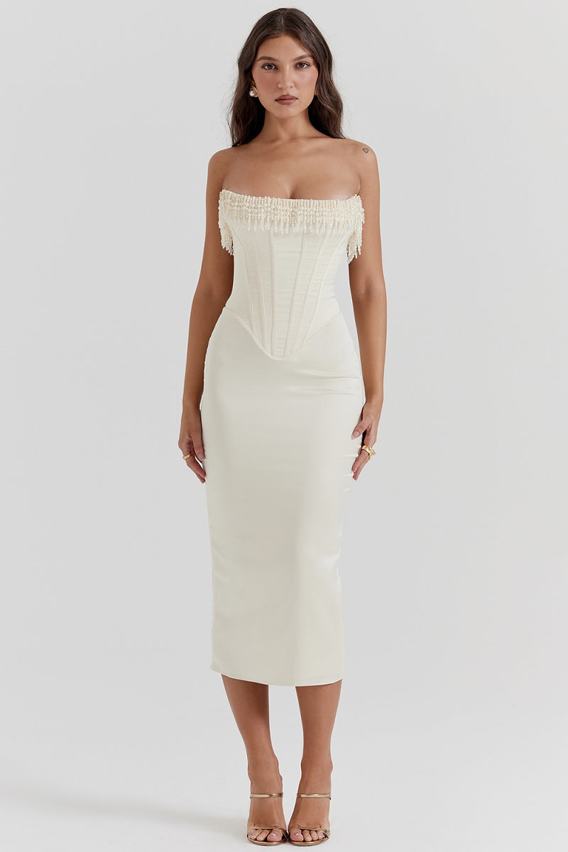 Women Pearl Embellished Corset Midi Dress | Dorothea