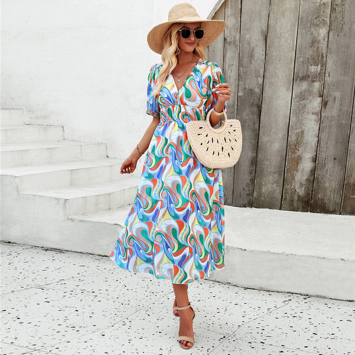 Women Floral V-Neck Midi Dress | Mabel