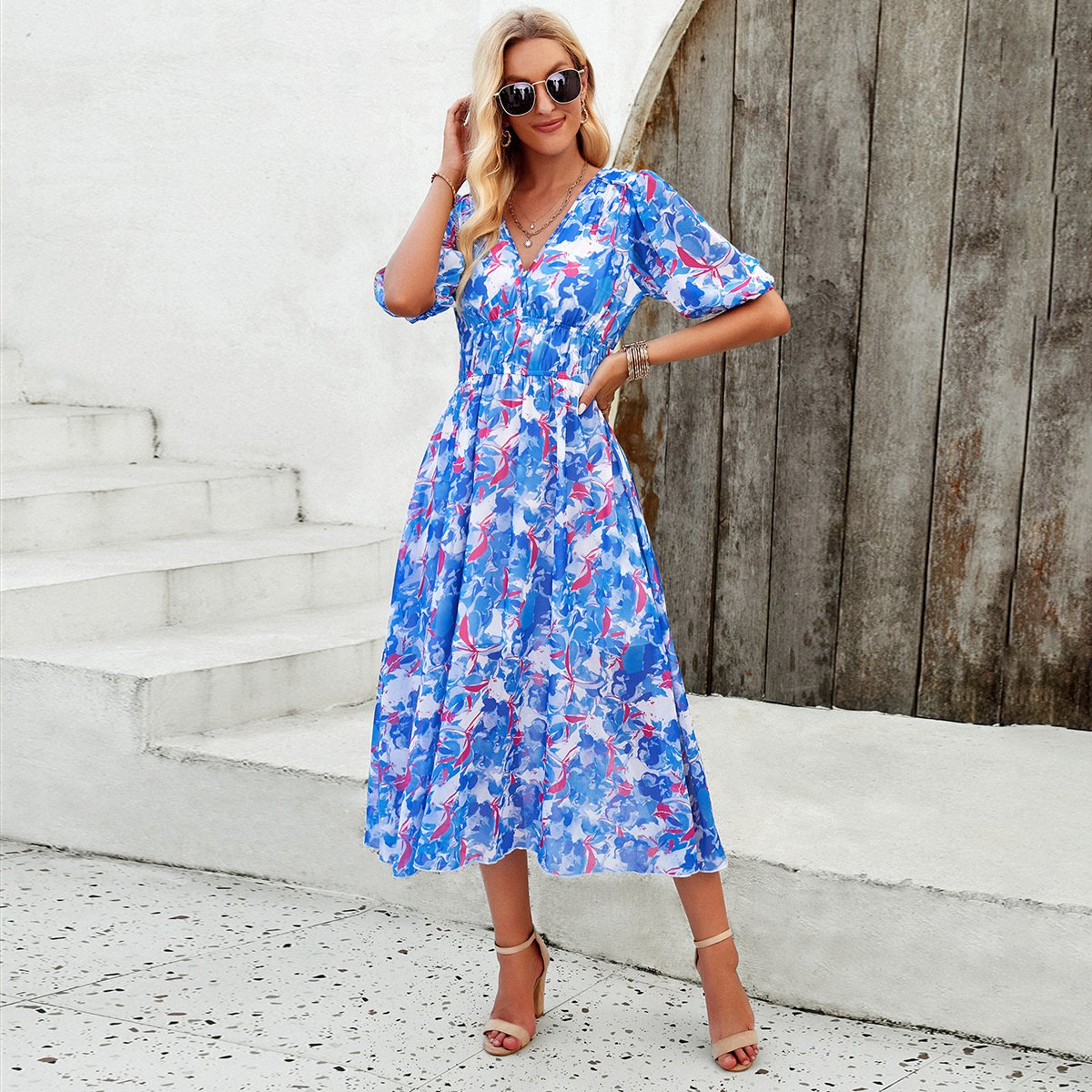 Women Floral V-Neck Midi Dress | Mabel