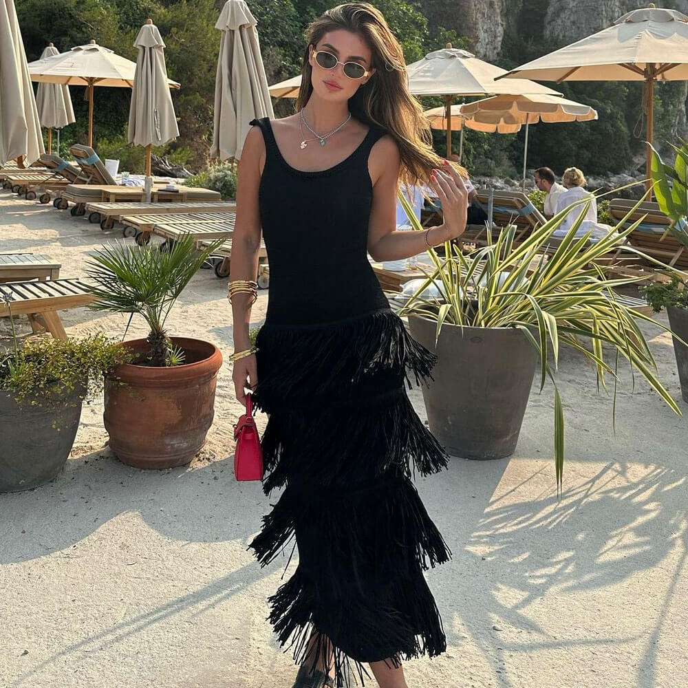 Women Fringe Layered Knit Maxi Dress | Emmarae