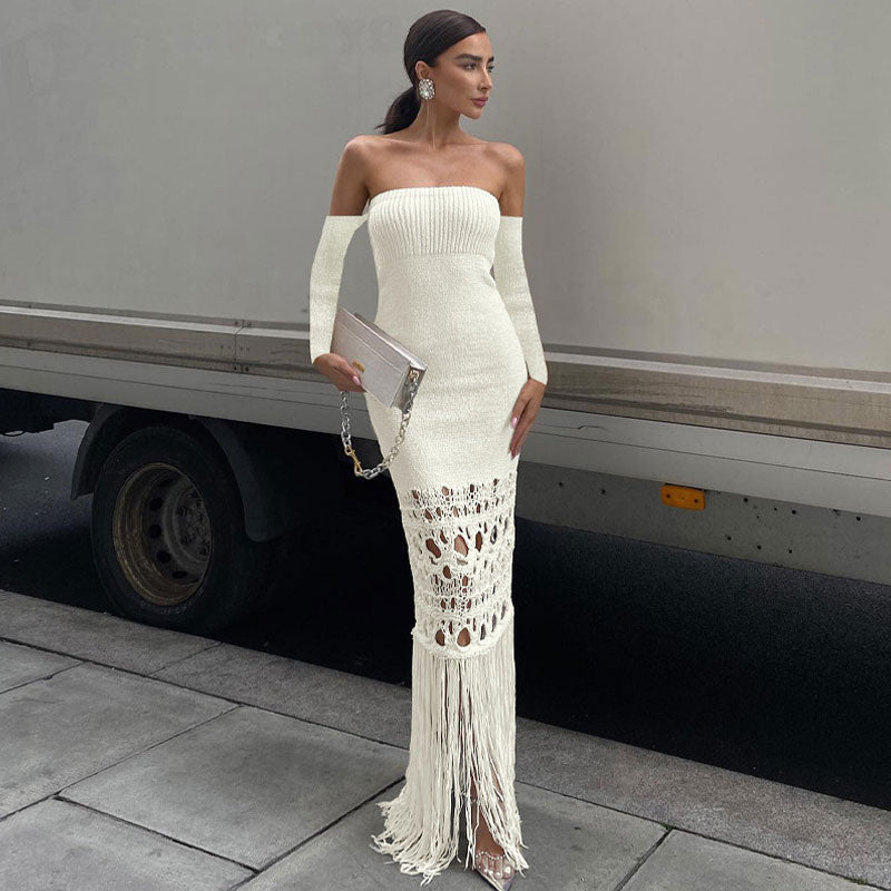 Women Off-Shoulder Fringe Knit Maxi Dress | Lumi