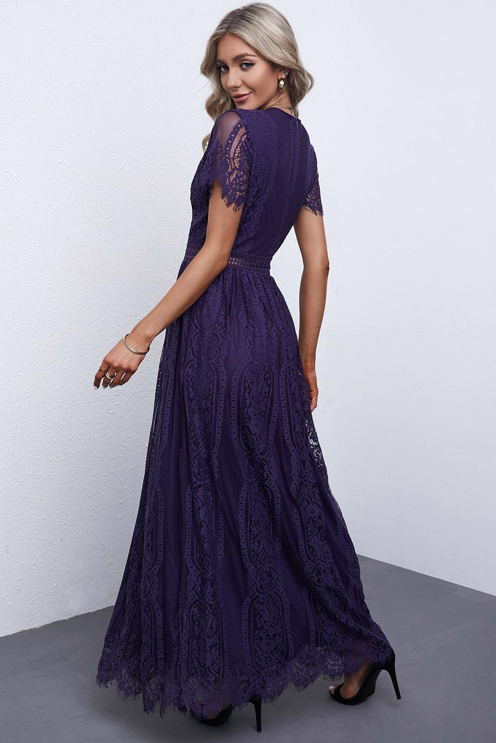 Women Elegant Royal Lace Maxi Dress with V-Neckline | Keana