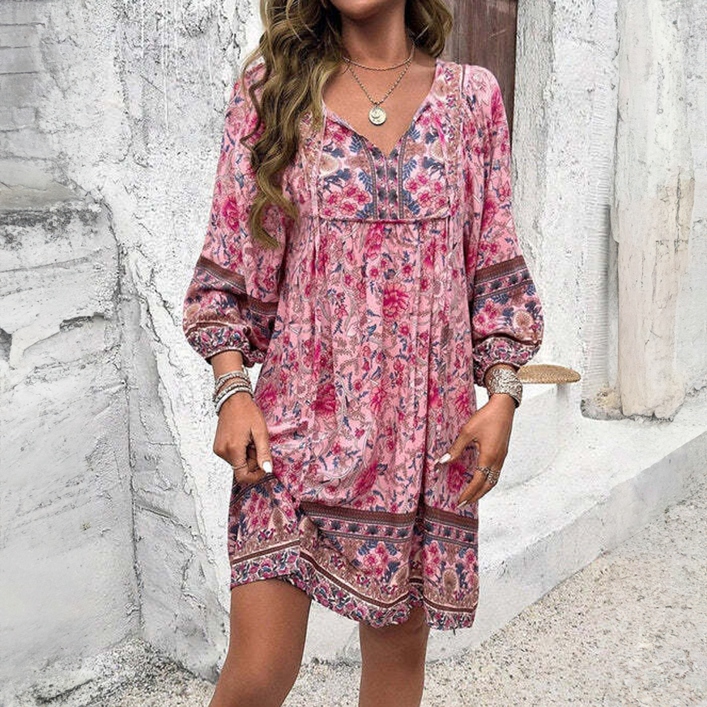 Women Bohemian Floral Tunic Dress with V-Neckline | Mea
