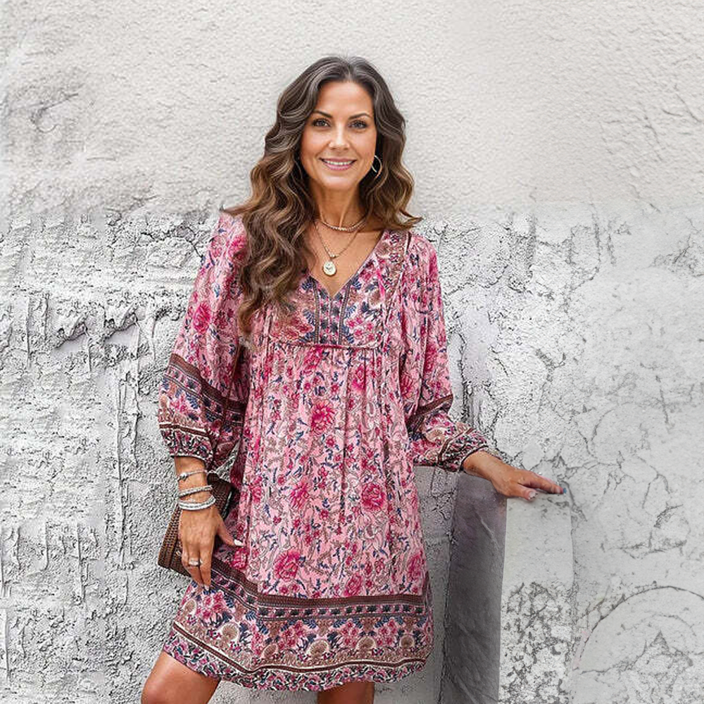 Women Bohemian Floral Tunic Dress with V-Neckline | Mea