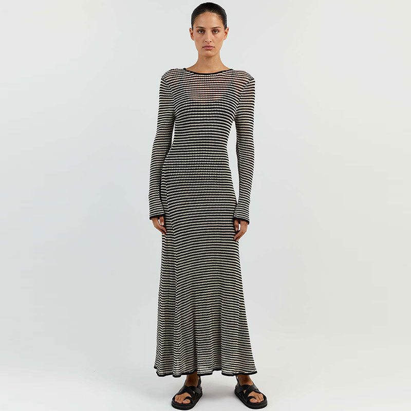 Women Striped Crochet Knit Fishtail Maxi Dress | Avenia