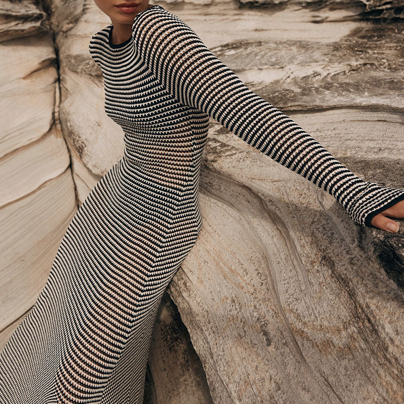Women Striped Crochet Knit Fishtail Maxi Dress | Avenia